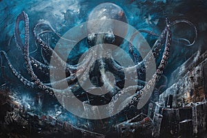 A surrealistic painting of a colossal squid lurking in the depths, its massive tentacles coiled around a sunken shipwreck