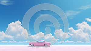 Surrealistic Pink Car Under Blue Sky: A Glamorous And Monochromatic Wallpaper