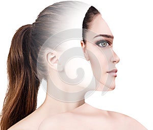 Surrealistic portrait front with cut out profile of woman.