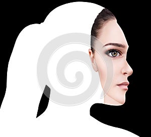 Surrealistic portrait front with cut out profile of woman.