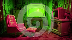 Surrealistic Room With Neon Green Monitor And Chairs