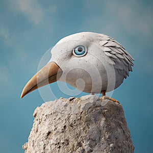 Surrealistic Seagull Figurine With Blue Feathers And Wandering Eye