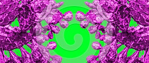 Surrealistic violet cactuses are located symmetrically on a green background.