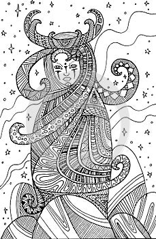 Surrealistic woman shaman, coloring page for children and adults