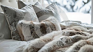 Surrender to the tranquil silence of a frozen wonderland as you snuggle up in a luxurious bed adorned with plush fur