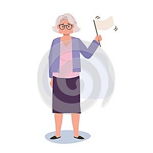 Surrendering to Life concept. Emotional Elderly Woman with White Flag in Retirement. Flat vector cartoon illustration