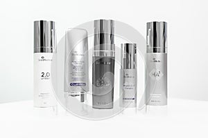 Surrey, BC / Canada - 07/16/19: Collection of high end skincare brand SkinMedica products. Shows HA5 hyaluronic acid formula,