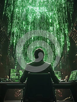 Surrounded by multiple screens in a dark workspace, a hacker tweaks complex data. photo