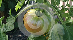 Surrounded by s of green leaves a large heirloom tomato ly fits on the vine its bursting with vibrant colors under the photo