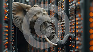 Surrounded by servers, elephant appears out of place yet oddly fitting in world of data storage