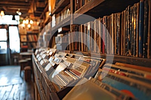 Surrounded by shelves lined with vinyl records, a music aficionado flips through a collection of vintage albums. photo
