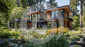 Surrounded by tall trees and blooming gardens this home uses sustainable materials to create a cohesive aesthetic with photo