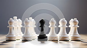 Surrounded by white pawns, the black pawn exemplifies the concept of standing out for selection photo