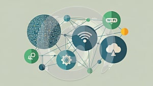Surrounding it are connected icons Wi Fi cloud computing gears