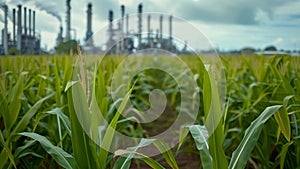 Surrounding the refinery are fields of renewable crops such as corn and sugarcane which are grown specifically for