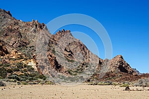 Surroundings of the volcano Teide with hardened lava and mountain vegetation. Teide National Park, Tenerife, Canary Islands, Spain