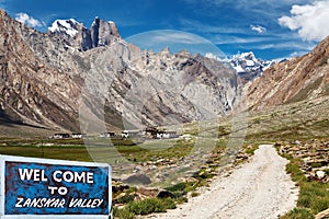 Suru valley and signpost Welcome to Zanskar valley