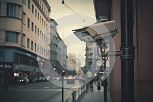 Surveillance camera at city street. CCTV monitoring system. Generative AI
