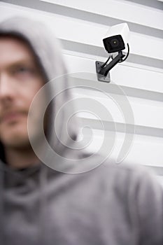 Surveillance Camera And Man In Hooded Sweatshirt photo