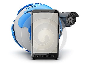 Surveillance camera, mobile phone and earth globe
