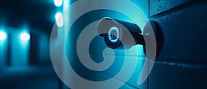 Surveillance Camera Mounted on a Wall at Night