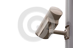 Surveillance camera on pole, isolated white background