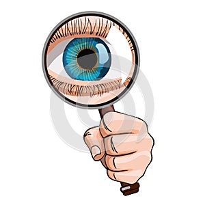 Surveillance concept with an eye looking through a magnifying glass.