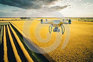 Surveillance of crop fields using cameras on flying drones. Ai generated