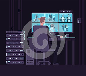 Surveillance monitoring room. Man watching surveillance camera on monitor in dark control room. Security service and