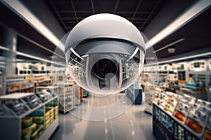 Surveillance Perspective Close-Up of a Security Camera\'s Lens Reflecting Supermarket Panorama. created with Generative AI