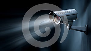 Surveillance security camera with infrared lights active on dark wall background.