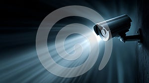 Surveillance security camera with infrared lights active on dark wall background.