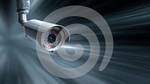 Surveillance security camera with infrared lights active on dark wall background.