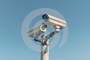 Surveillance Security Camera Mounted on Pole Under Clear Blue Sky