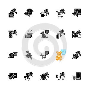 Surveillance and security systems black glyph icons set on white space