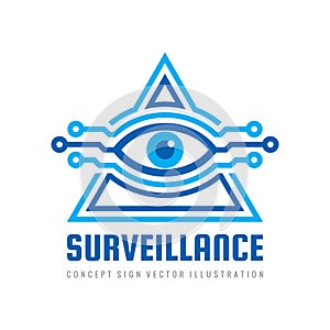 Surveillance security technology vision - logo design vector concept. Human eye in pyramid shape abstract sign. Masonic illuminati