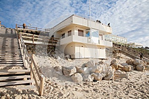 Surveillance station lifeguard tower on a beach in city center Lacanau France