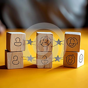 Survey concept Customer satisfaction feedback review with wood block on yellow