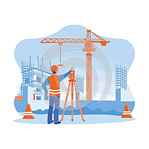 Survey engineer working using a theodolite at a construction site. Surveying to create a contour plan is a graphic.