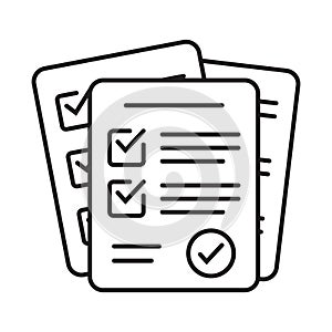 Survey icon. Questionnaire checklist form. Brief, survey or paper exam with check list. Report document with tick or checkmark.