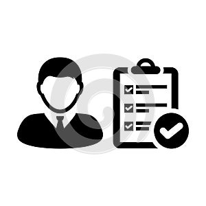 Survey icon vector male person profile avatar with project checklist report document symbol