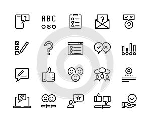 Survey line icons. Quiz and checklist stroke pictograms, customer questionnaire and feedback. Vector feedback option set