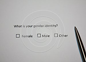 Survey question: What is your gender identity? Female, Male or Other. Sexual and gender nowadays topic