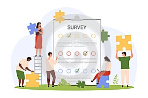 Survey, questionnaire service, tiny people building teamwork to complete report form
