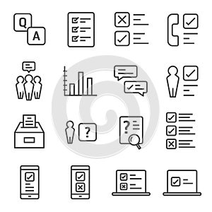 Survey and Questionnaire vector icon set. Included the icons as checklist, poll, vote, mobile, online survey, phone interview, res