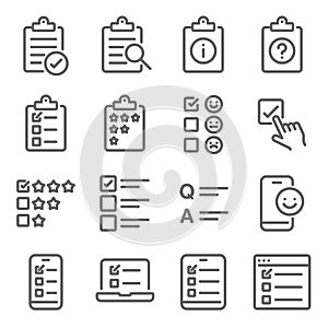 Survey Quiz Research icon set vector illustration. Contains such icon as Rating, Q and A, Questionnaire, Testimonial, Vote, Checkl