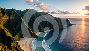 Aerial View of a Beach with Mountains in the Background on tropical island paradise at sunrise sunset photo