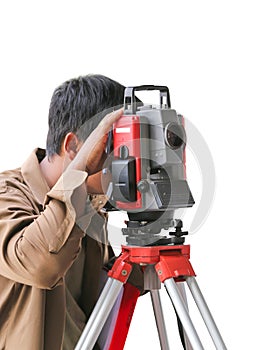 Surveying measuring equipment level theodolite on tripod at cons