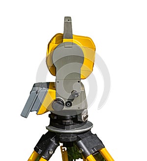 surveying tool, total station with white background. Survey Instrument geodetic device. Total station surveying and measuring