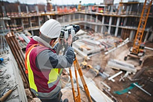 Surveyor builder Engineer with theodolite transit equipment at construction. Generative AI